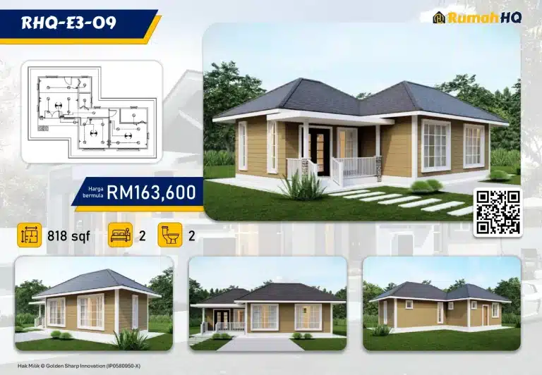 RHQ-E3-09 3 Single-storey house design RHQ-E3-09 with 2 bedrooms, 2 bathrooms, 818 sqft, priced from RM163,600.