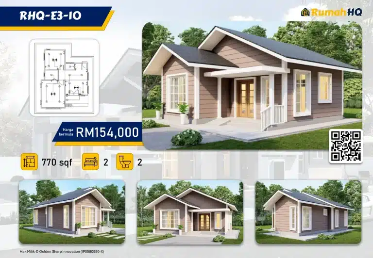 RHQ-E3-10 2 Modern single-story home, 770 sqft, 2 bedrooms, 2 bathrooms, priced at RM154,000 with floor plan and exterior views.