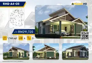 Modern single-story house design with 4 bedrooms, 3 bathrooms, 1,768 sq ft, priced at RM291,720 - Rumah HQ.