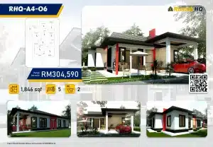 Modern single-story house design, 5 bedrooms, 2 bathrooms, 1,846 sqft, starting at RM304,590 by Rumah HQ.
