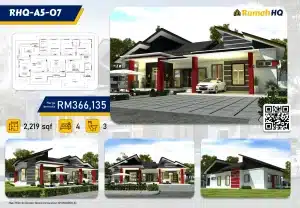 Modern single-story house with 4 bedrooms and 3 bathrooms, priced at RM366,135, 2,219 sq ft with floor plan.
