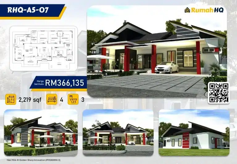 "7 Rahsia Penghawa Dingin Yang Kontraktor Tak Nak Anda Tahu - No. 4 Confirm Buat Anda Terkejut!" 5 Modern single-story house with 4 bedrooms and 3 bathrooms, priced at RM366,135, 2,219 sq ft with floor plan.