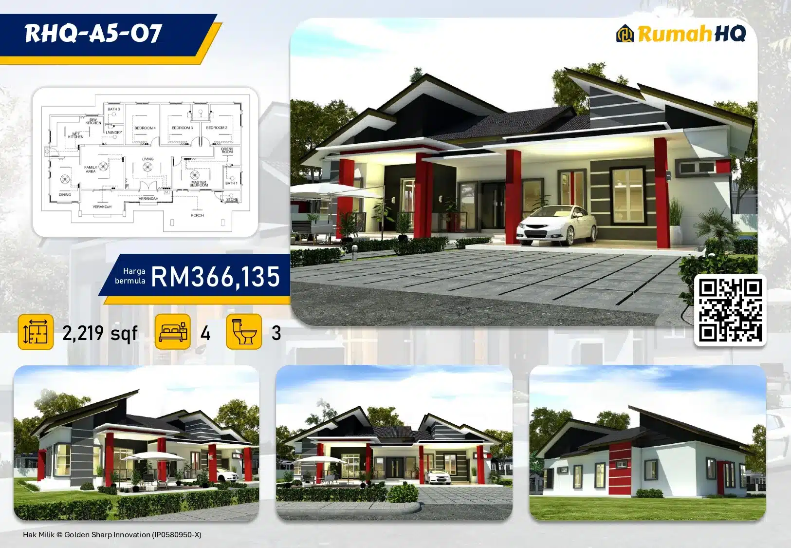 Modern single-story house with 4 bedrooms and 3 bathrooms, priced at RM366,135, 2,219 sq ft with floor plan.