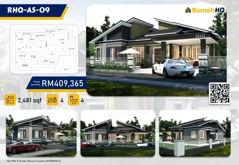 RHQ-A5-09 7 Modern house with 4 bedrooms, 4 baths, and 2481 sq ft for RM409,365 by Rumah HQ, includes floor plan and QR code.
