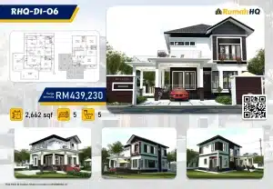 Modern two-story house design with 5 bedrooms, 5 bathrooms, 2,662 sq ft. Starting price RM439,230. QR code included.