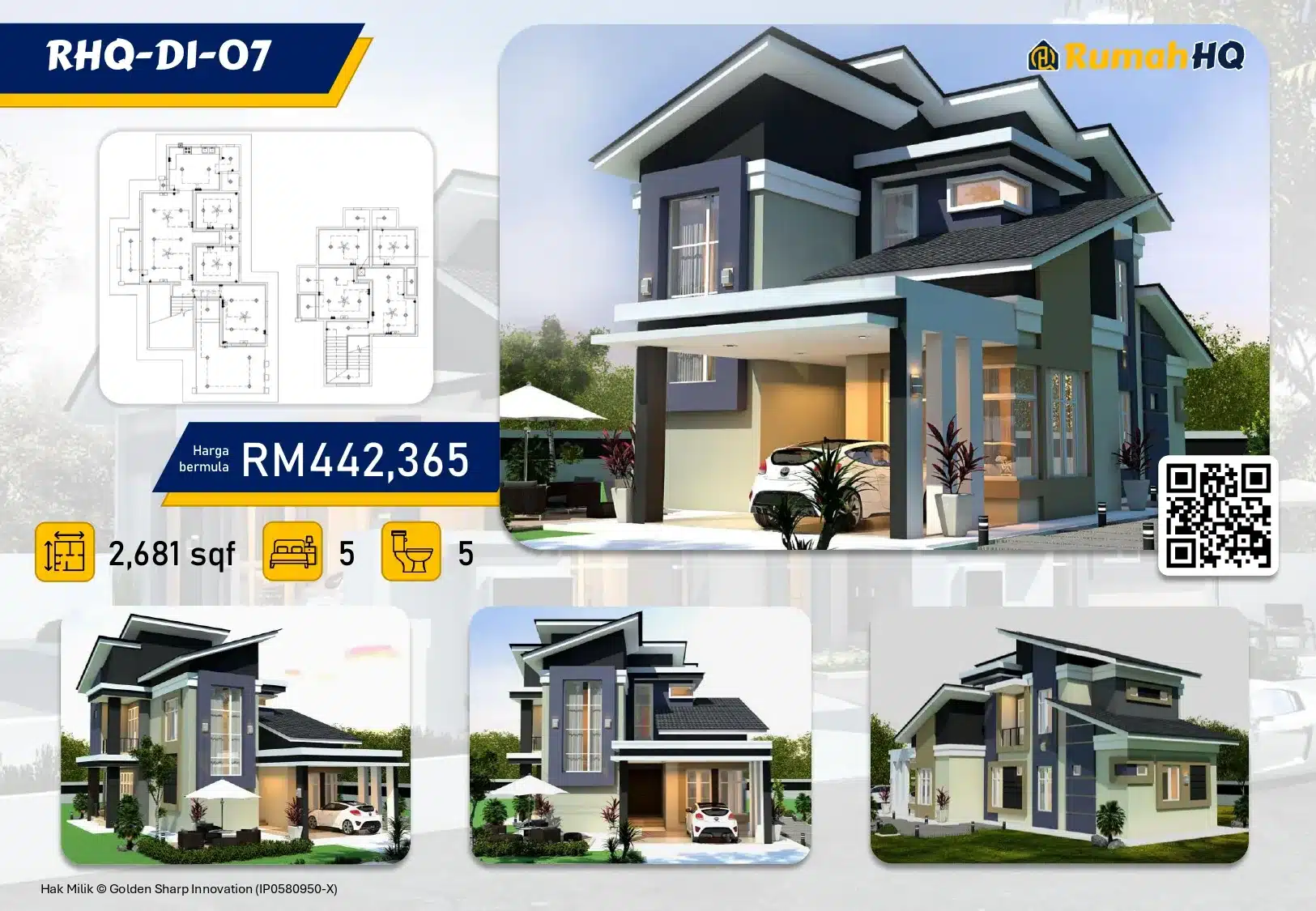 Modern two-story house design with floor plan; RM442,365 price; 2,681 sq ft; 5 bedrooms, 5 bathrooms.