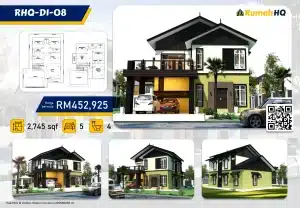 Modern two-story house design with 5 bedrooms, 4 bathrooms, and 2,745 sq ft, priced at RM452,925 by Rumah HQ.