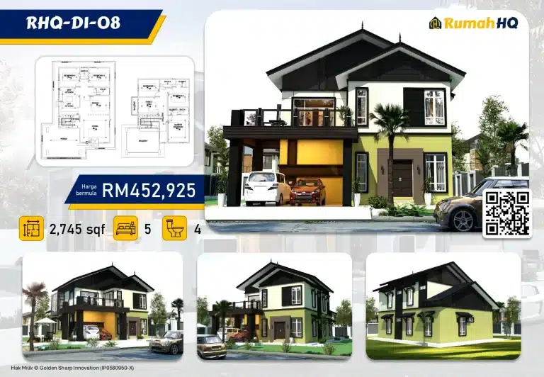 "10 Tanda Penghawa Dingin Anda 'Game Over' - Jangan Tunggu Sampai Kena Heart Attack Bila Tengok Bill Elektrik! 🥶" 3 Modern two-story house design with 5 bedrooms, 4 bathrooms, and 2,745 sq ft, priced at RM452,925 by Rumah HQ.