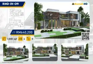Modern double-story house design with floor plan, priced at RM640,200, featuring 4 bedrooms and 5 bathrooms.