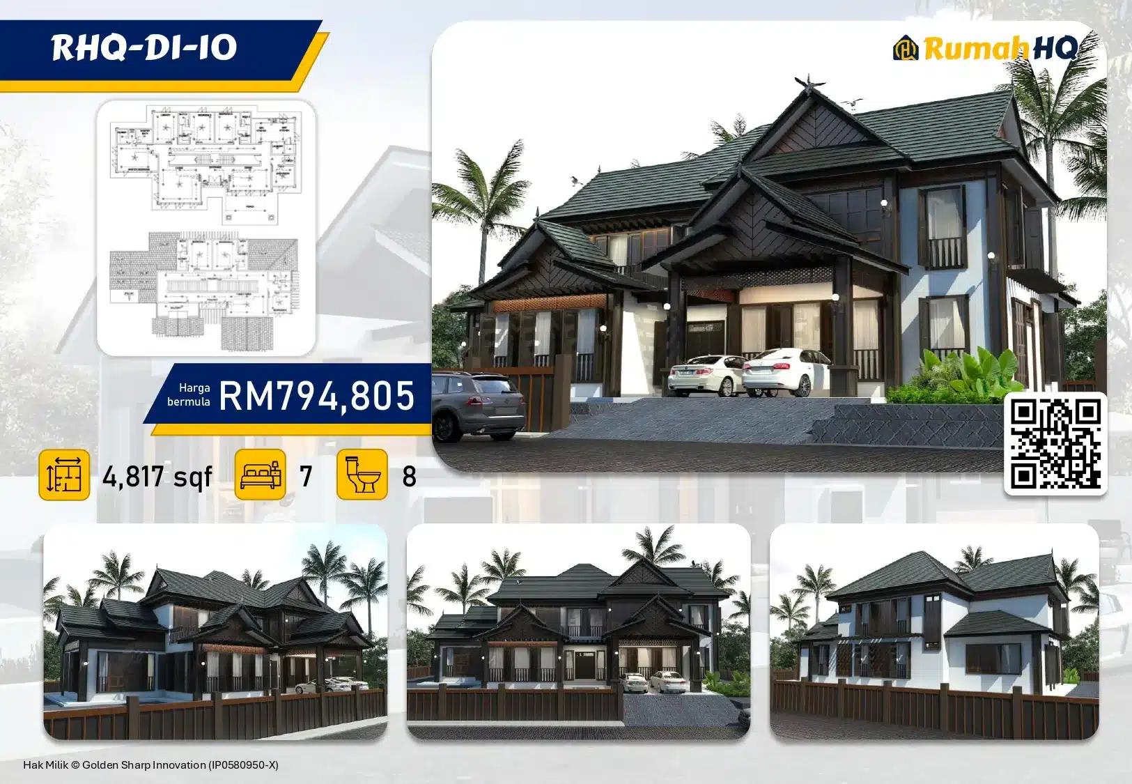 Luxury villa RHQ-DI-10 for sale: 4,817 sqft, 7 beds, 8 baths, priced at RM794,805 with modern design.
