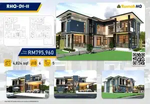 Luxury two-story house with modern architecture, 6 bedrooms, 5 bathrooms, 4824 sqft, starting at RM795,960.