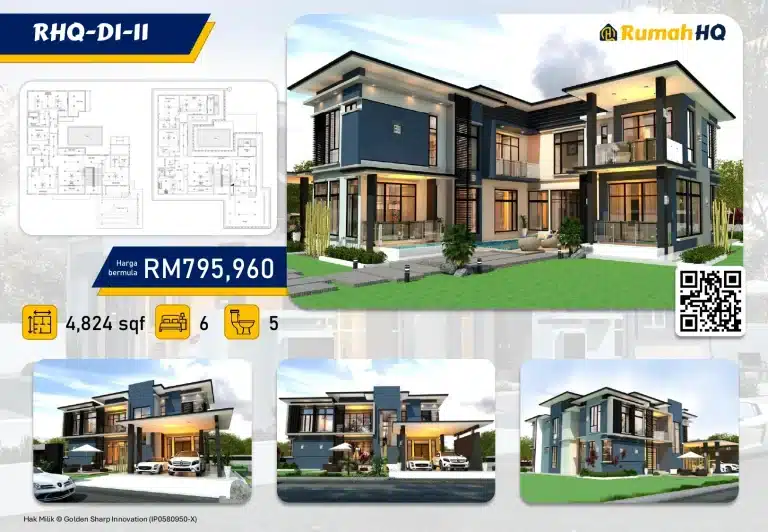 Luxury two-story house with modern architecture, 6 bedrooms, 5 bathrooms, 4824 sqft, starting at RM795,960.