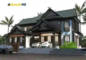 Modern two-story house with tropical design, palm trees, and multiple cars in front.