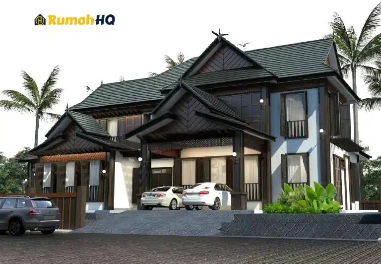 "7 Rahsia Portable AC Yang Ramai Tak Tahu: Boleh Jimat Atau Pembaziran?" 6 Modern two-story house with tropical design, palm trees, and multiple cars in front.