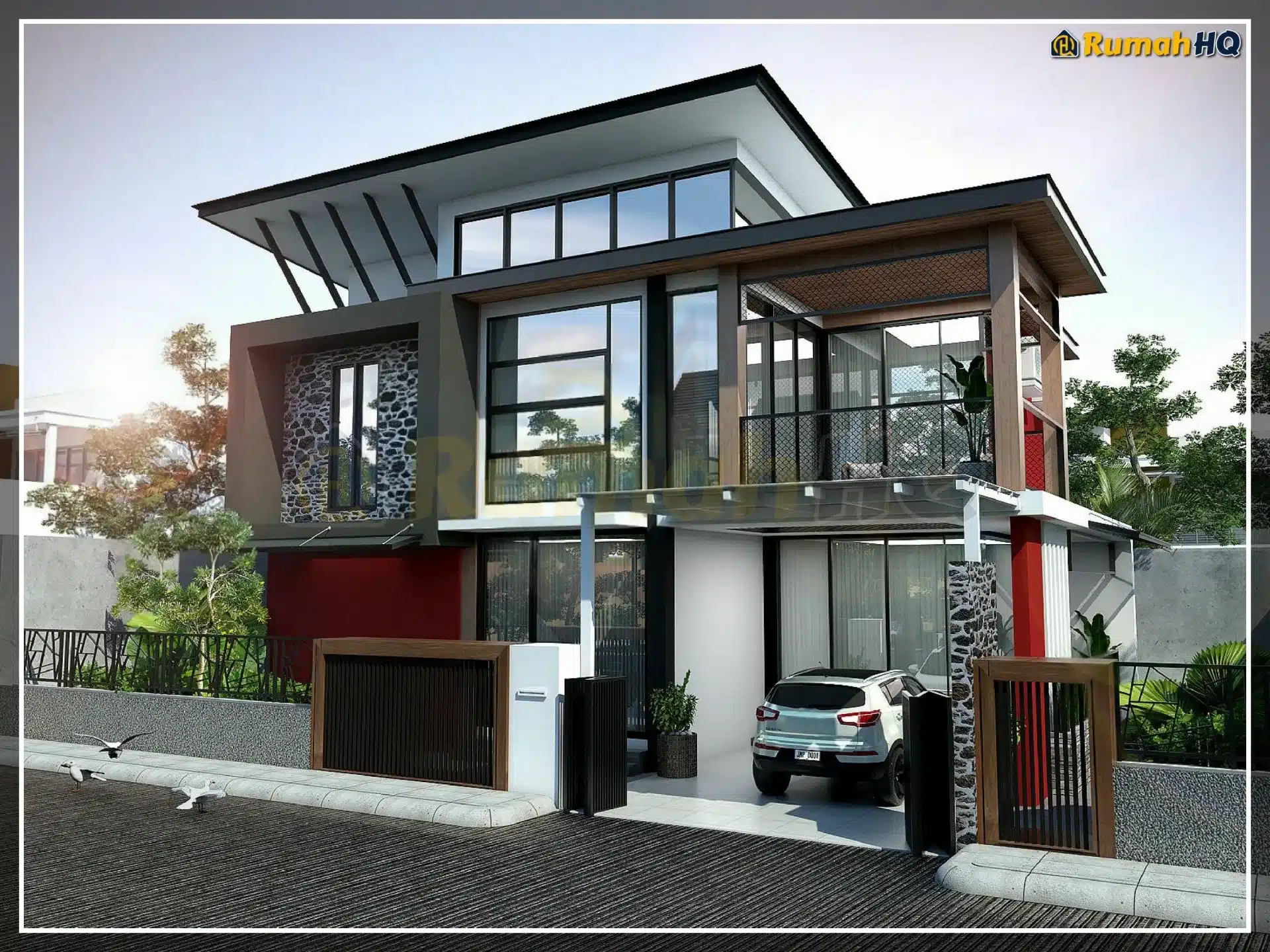 Kontraktor Bina Rumah Atas Tanah Sendiri Selangor & KL - Design & Build dengan LPPSA & Bank 23 Modern two-story house with large windows, sleek design, and a parked white SUV in the driveway.