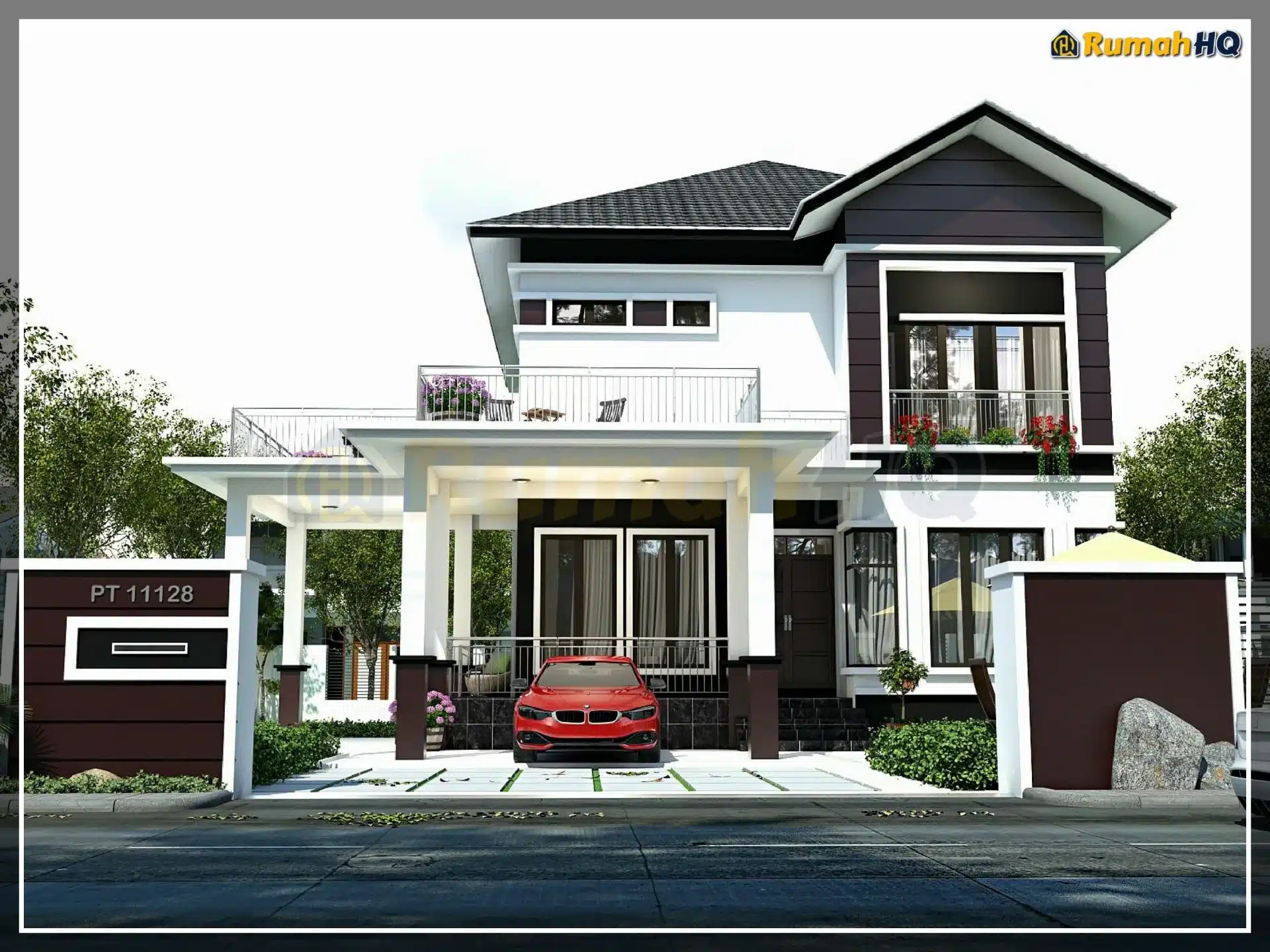 Kontraktor Bina Rumah Atas Tanah Sendiri Selangor & KL - Design & Build dengan LPPSA & Bank 24 Modern two-story house with a red car parked in the driveway and lush greenery surrounding the property.