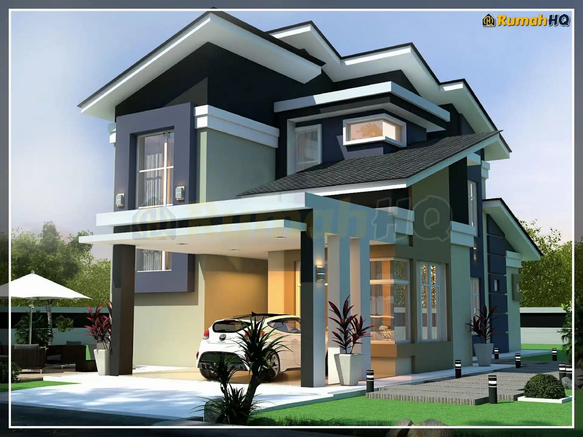 Kontraktor Bina Rumah Atas Tanah Sendiri Selangor & KL - Design & Build dengan LPPSA & Bank 25 Modern two-story house with carport, lush garden, and contemporary design elements.