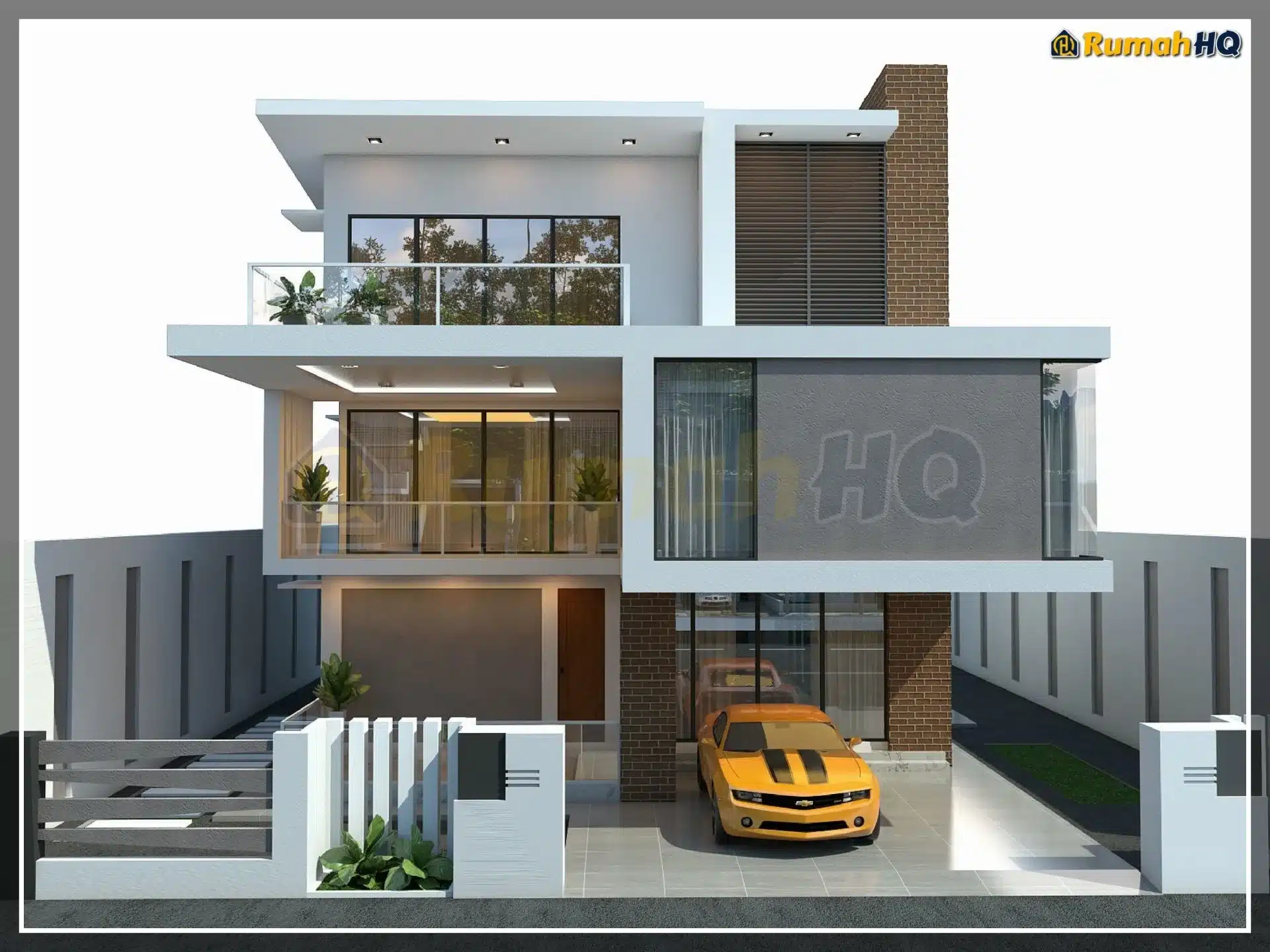 Modern three-story house with glass balconies and brick accents, featuring a yellow car parked in the driveway.