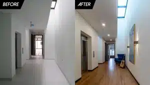 Hallway renovation before and after: transformed with hardwood floors, art, lighting, furniture, and decor.