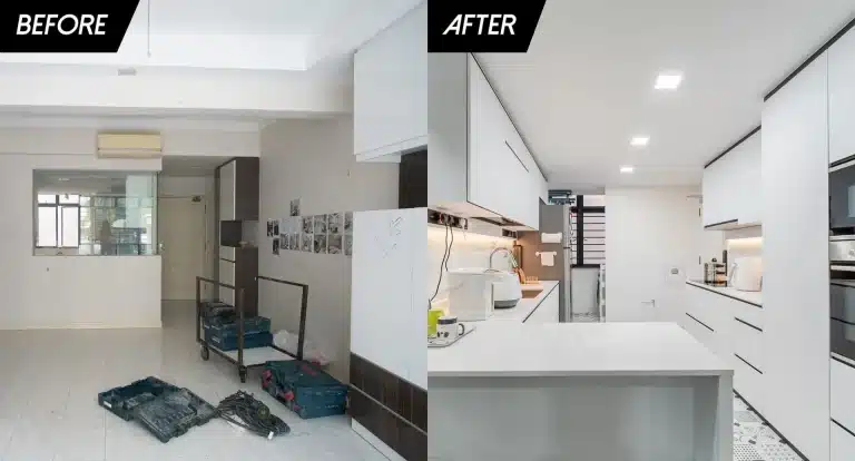 Cara Transform Rumah Jadi Content House Dengan Modal LPPSA 2 Before and after kitchen renovation showing a dramatic transformation to a modern and sleek design.