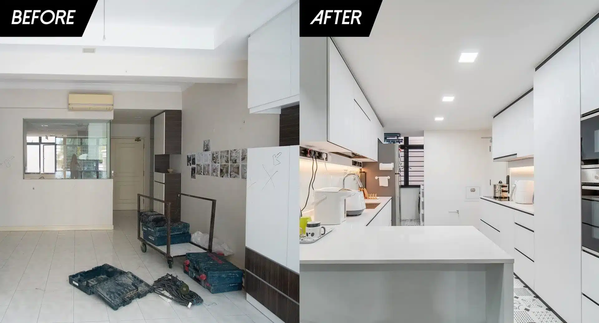 Before and after kitchen renovation showing a dramatic transformation to a modern and sleek design.