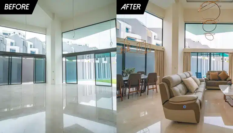 8 Sebab Mengapa Sistem Perpaipan dan Saliran Efisien adalah Nadi Rumah Anda! 4 Living room transformation: empty to beautifully furnished with sofa, table, and elegant lighting.