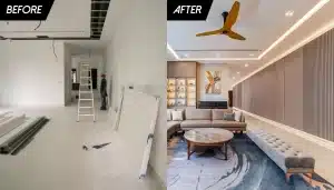 Living room renovation transformation: Before construction and after elegant modern interior design.