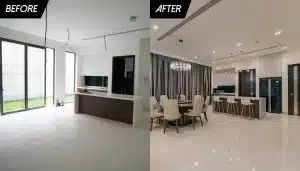 Modern kitchen transformation: bright minimalist space to elegant dining with chic lighting and stylish decor