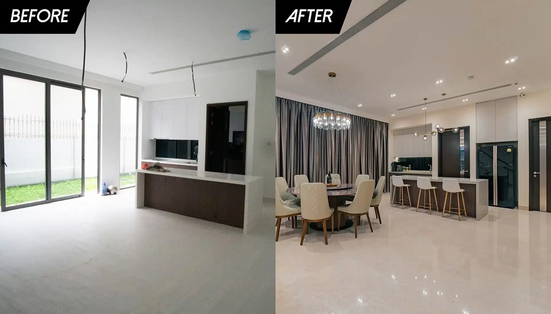 Modern kitchen transformation: bright minimalist space to elegant dining with chic lighting and stylish decor