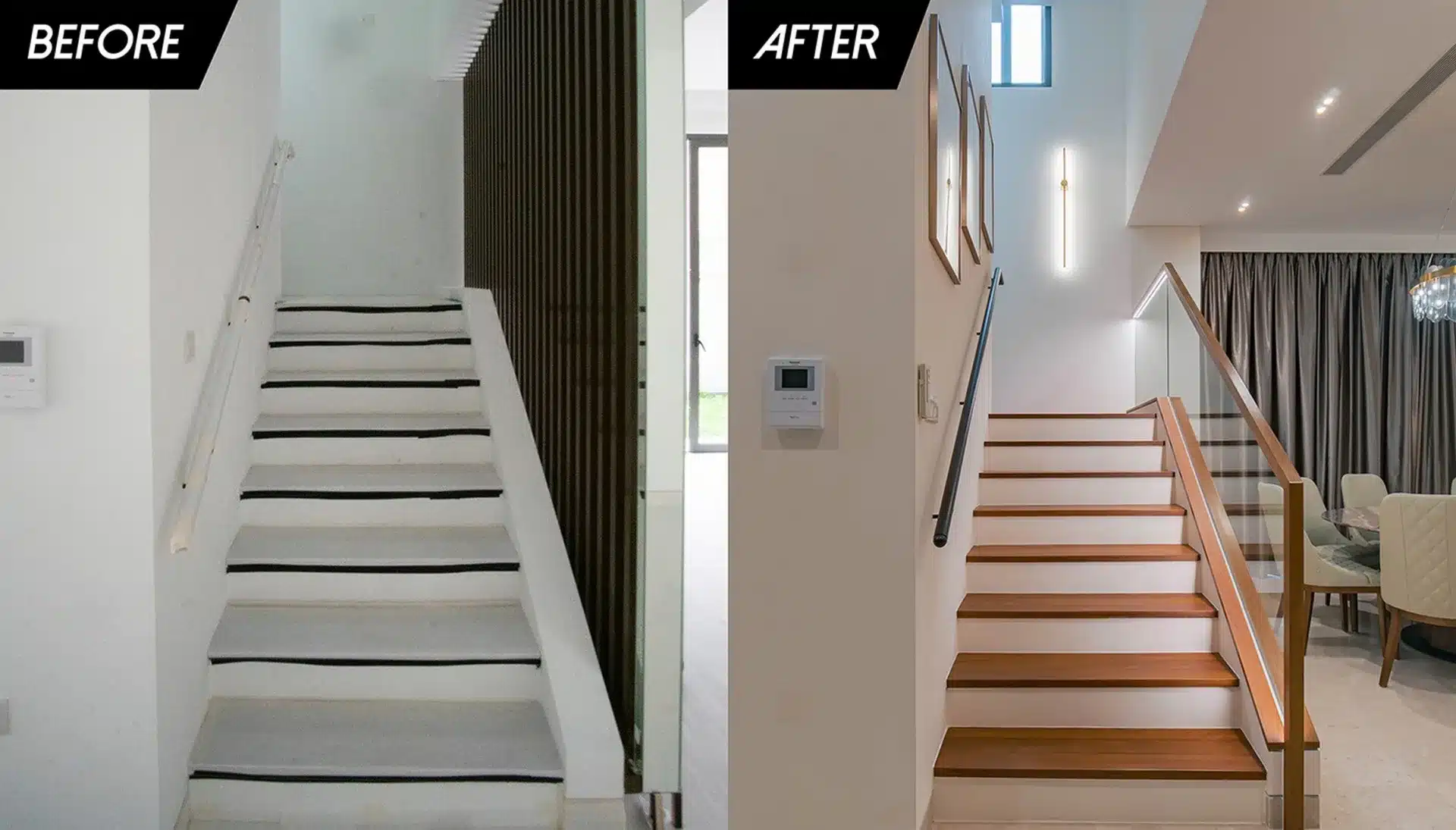 Before and after comparison of staircase renovation with modern design and improved lighting.
