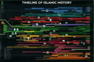 Timeline of Islamic history displaying caliphates, empires, and key events from 700 to 2000 AD in a color-coded chart.