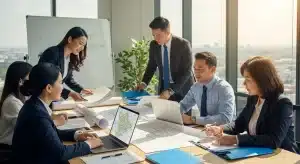 Business team collaborating on blueprints and documents in a modern office setting.