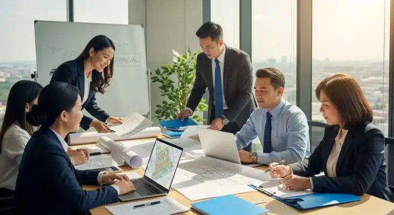 Business team collaborating on blueprints and documents in a modern office setting.