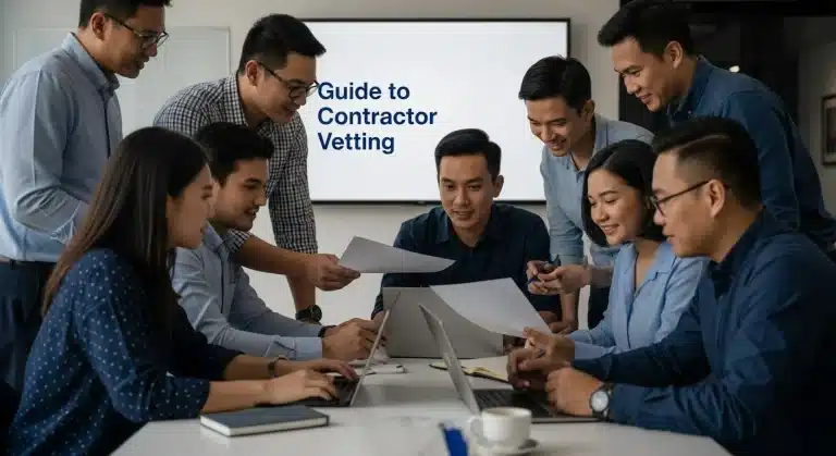 Understanding the Guide to Contractor Vetting 1 Team collaborates on contractor vetting guide in office setting, reviewing documents and laptop.