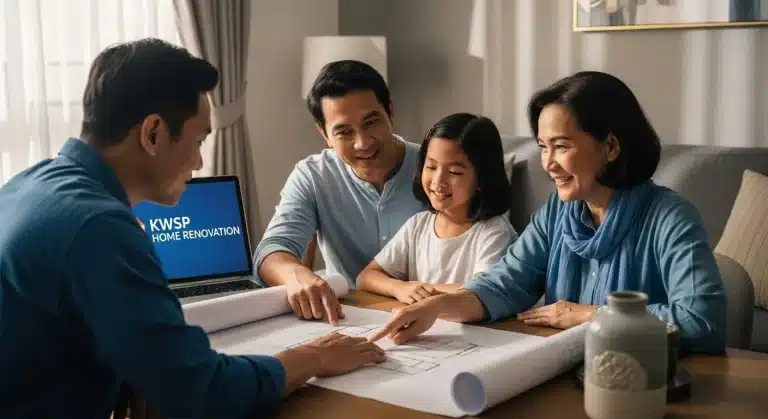 Understanding KWSP for Home Renovation: A Complete Guide 2 Family discussing home renovation plans with a consultant, laptop displaying KWSP Home Renovation on screen.