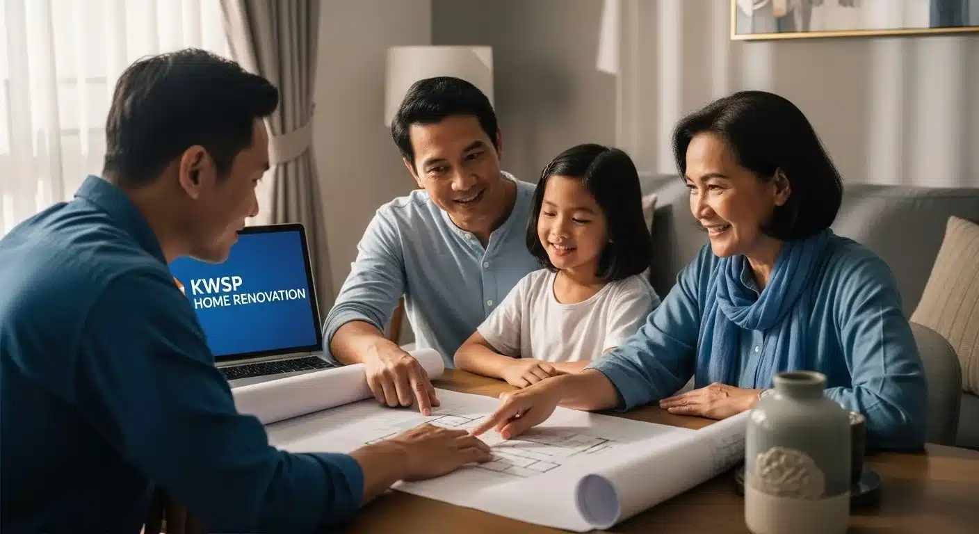 Family discussing home renovation plans with a consultant, laptop displaying KWSP Home Renovation on screen.