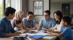 Family discussing renovation financing options around a table, focused and smiling.