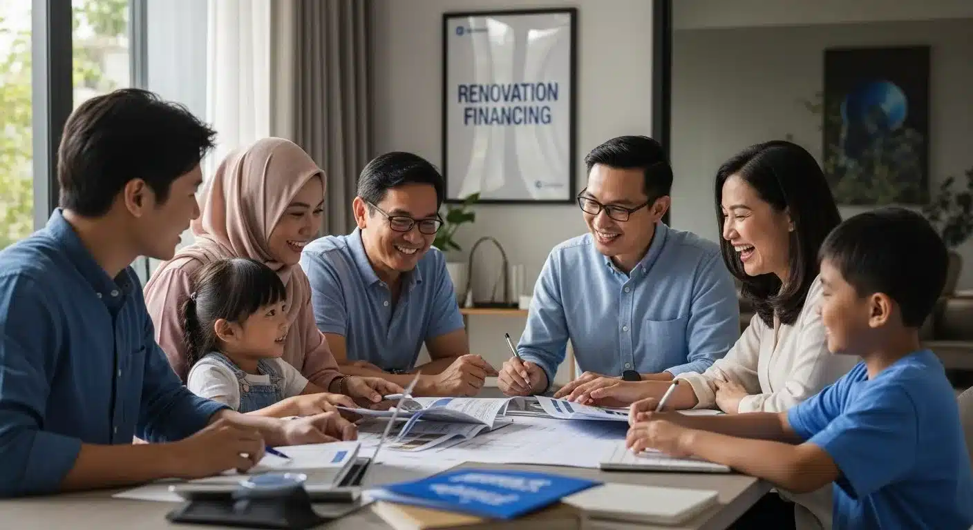 Family discussing renovation financing options around a table, focused and smiling.