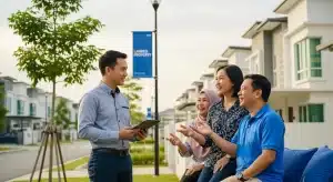 Real estate agent discussing property with a joyful family outside modern homes in a suburban neighborhood.
