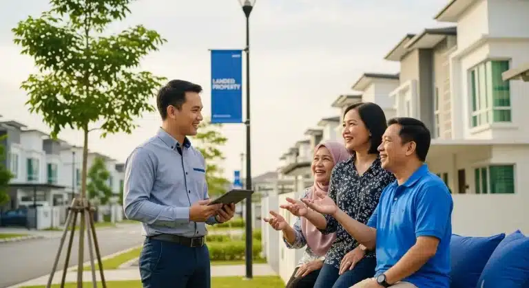 Understanding What is Landed Property and Its Importance 1 Real estate agent discussing property with a joyful family outside modern homes in a suburban neighborhood.