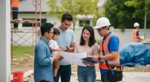 Construction team discussing blueprints with family on site.