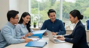 Team collaborating in an office with documents and a laptop, discussing business strategy.