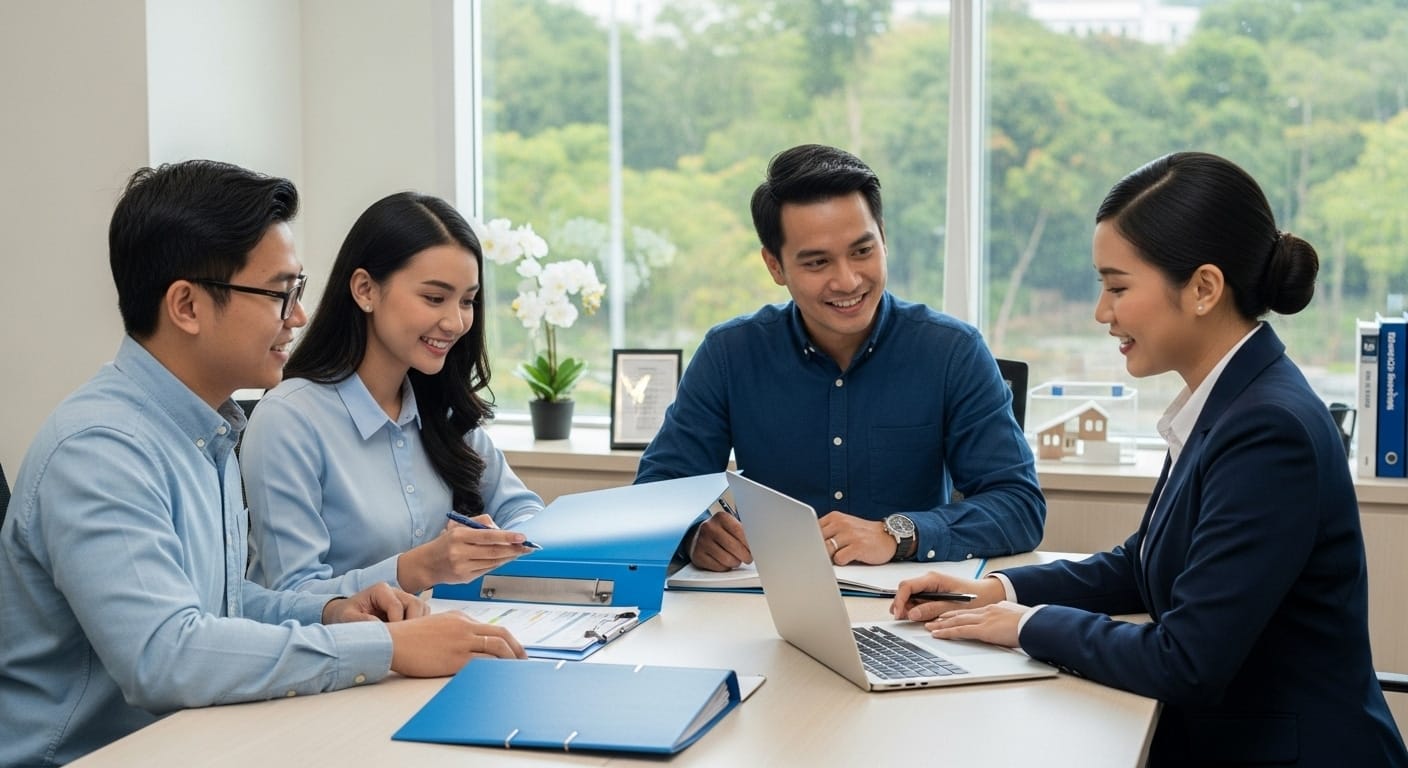 Team collaborating in an office with documents and a laptop, discussing business strategy.