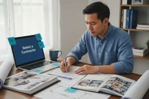 Man researching home renovation plans and selecting a contractor, with laptop and design materials on the table.