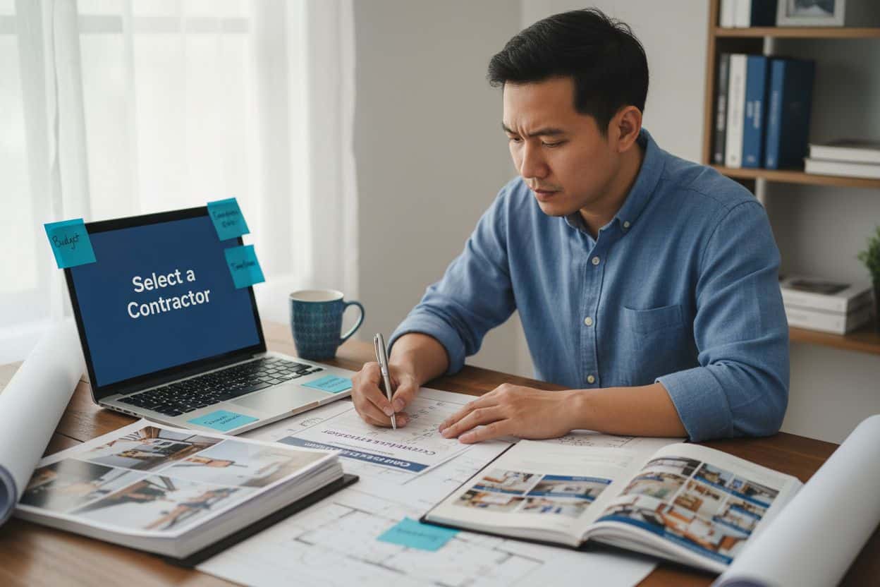 Man researching home renovation plans and selecting a contractor, with laptop and design materials on the table.