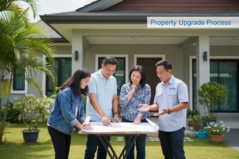 Rumah Lama Anda SEDANG runtuh DI BELAKANG? 8 Risiko STRUKTUR MEMATIKAN & Cara ATASI Sebelum Terlambat! 2 Family reviewing house plans with a contractor outside their home for property upgrade.