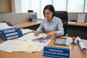 Woman reviewing building permit documents at office desk with files and tablet.
