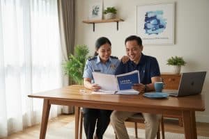 Couple reviews LPPSA financing documents together at a wooden table, smiling and relaxed in their well-lit living room.