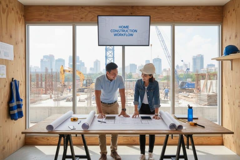 Understanding the Home Construction Workflow Process 1 Construction workers reviewing blueprints in site office with city skyline through window.