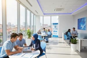 Modern office with diverse professionals collaborating on laptops near large windows.